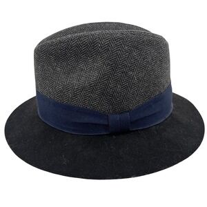 Vintage Fedora by The Hatter Company Herringbone Tweed Black Brim Blue Hatband